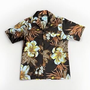 Vintage 70s Sand Pebble Hawaiian Shirt Orange Brown Floral Medium Beach Summer